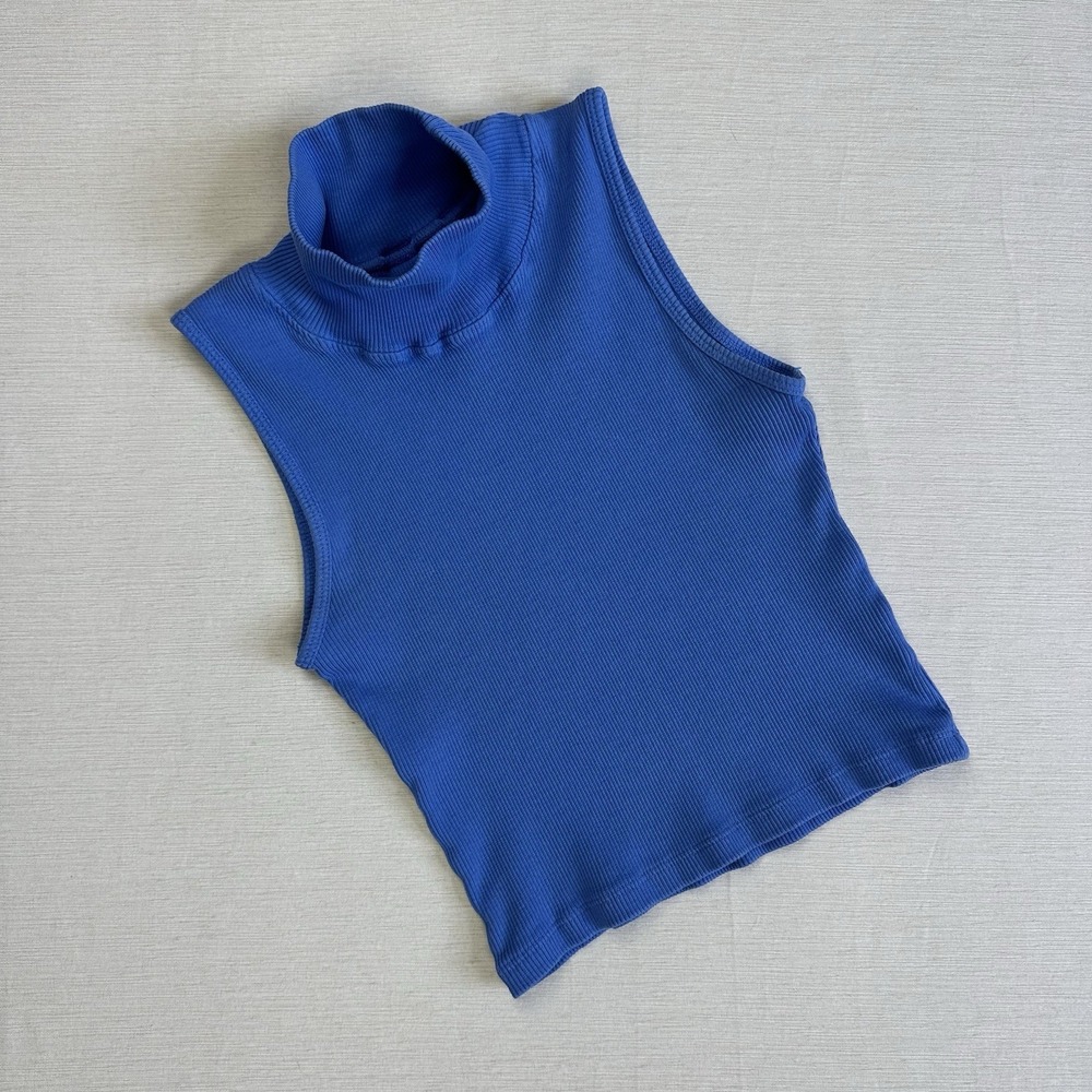 Big Bud Press Mockneck Tank Top Ribbed Organic Cotton Women Petite Blue - Picture 1 of 9